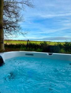 a jacuzzi tub with a view of a field at Woodpecker Cabin with Hot tub in Kings Lynn