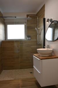 a bathroom with a sink and a shower with a mirror at Le Nid des Cigognes avec terrace in Thionville +29 photos