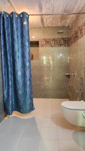 斋沙默尔hotelchotihaveli的浴室配有蓝色的浴帘和卫生间 更多17张照片