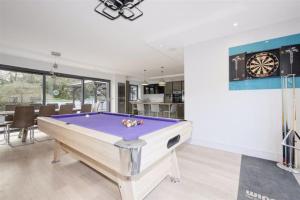a living room with a pool table and a dartboard at Tranquil & Unique Villa on the UK's sunniest place in Ratton Village