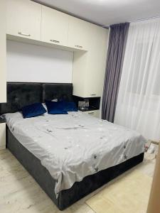 a bedroom with a large bed with blue pillows at Cazare Ostrov in Ostrov