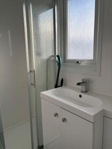 a bathroom with a sink and a window and a shower at Chalet 75 in Mundesley