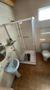 a bathroom with a sink and a toilet and a mirror at Bonita habitación en acogedora cabaña a tan solo 3 minutos de Sayulita in San Ignacio