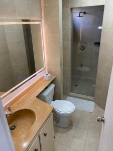 a bathroom with a sink and a toilet and a shower at Acogedor Apartamento cerca al Mar in Cartagena de Indias +8 photos
