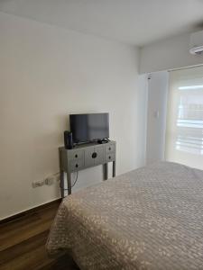 a bedroom with a bed and a tv on a table at Monumento y Río - Parking privado con costo adicional in Rosario