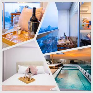 a collage of photos of a hotel room with a swimming pool at Connect Apartment by Vibrant in Lima