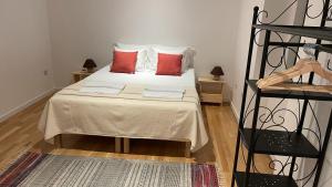 a bedroom with a bed with two red pillows at Retiro Do Tejo in Malpica