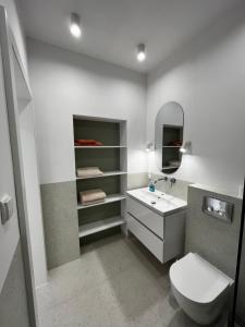 a bathroom with a toilet and a sink and a mirror at Apartamenty pod sosną in Zakrzewo
