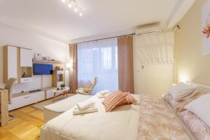 a bedroom with two beds and a tv in a room at Studio apartman The SPOT in Osijek