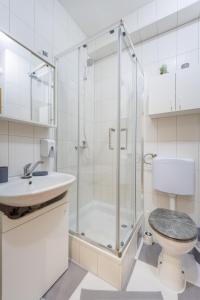 a bathroom with a shower and a toilet and a sink at Studio apartman The SPOT in Osijek +30 photos
