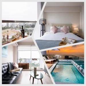 a collage of photos of a hotel room with a swimming pool at Connect Apartment by Vibrant in Lima