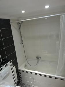 a bathroom with a bath tub with a shower at KRAICHGAU # 3-ZKB mit 100qm voll ausgestattet im DG, Monteurzimmer, Self-Check-in in Ittlingen +14 photos