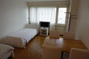 una camera con letto, tavolo e TV di Basel Rooms Appartements a Basilea