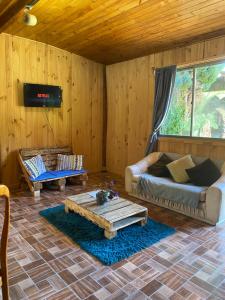 Una sala de estar con un sofá y una mesa de café. en Casa Alma, en Pucón