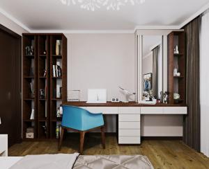 a bedroom with a desk and a blue chair at Glamour Apartment in Chişinău