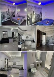 a collage of four pictures of a bedroom at Glamour Apartment in Chişinău