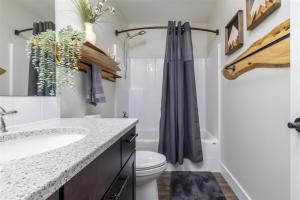 a bathroom with a sink and a toilet and a shower at Airport Place: 4 bedrooms, AC, Grill in Packwood +70 photos