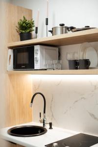una cocina con fregadero y microondas en Апартаменти MYFREEDOM поруч Софіївська площа, Майдан Незалежності, en Kiev 65 fotos más