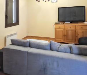 a living room with a blue couch and a tv at Appartement charmant avec vue sur lac et montagne – 75 m² in Fontrabiouse