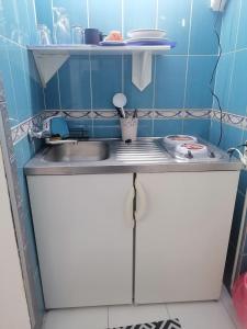 Una pequeña cocina con fregadero y encimera. en Small low cost Dorcol, en Belgrado