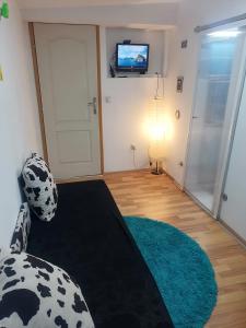 Una sala de estar con un sofá y un televisor en una pared. en Small low cost Dorcol, en Belgrado 8 fotos más