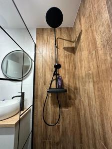 a shower in a bathroom with a wooden floor at Piata Unirii Apartment in Cluj-Napoca +6 photos