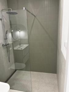 a bathroom with a glass shower with a sink at Apartamenty pod sosną in Zakrzewo +4 photos