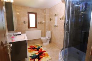 a bathroom with a shower and a toilet and a sink at GreenMoodHouse in Comăneşti