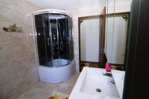 a bathroom with a shower and a white sink at GreenMoodHouse in Comăneşti +3 photos