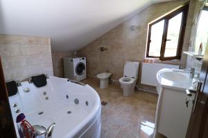 a bathroom with a tub and a toilet and a sink at GreenMoodHouse in Comăneşti
