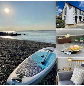a collage of pictures with a surfboard on the beach at Salt Yard 2 - Stylish Whitstable Cottage - Free Parking - Beach - Harbour in Whitstable +11 photos