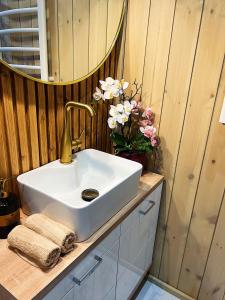 a bathroom with a sink and a vase of flowers at Aurora Resort in Stasiūnai