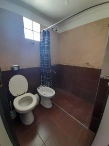 a bathroom with a white toilet and a shower at Dpto Villa María Centro in Villa María