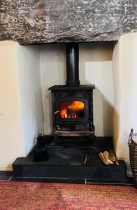 a stove in a room with a fireplace at Little Cottage, Llwyngwril in Llwyngwril