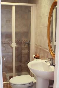 une salle de bain avec toilettes, lavabo et douche dans l'établissement Vive Sanlúcar con aparcamiento en la puerta, à Sanlúcar de Barrameda