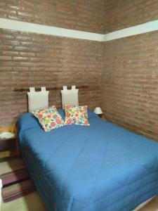 a bedroom with a blue bed with two pillows at Departamentos Calamuchita in Santa Rosa de Calamuchita