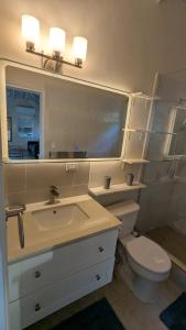 ein Badezimmer mit Waschbecken, Toilette und Spiegel in der Unterkunft Caribbean Sea View Cottage in Saint Mary + 32 Fotos