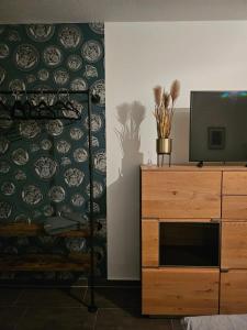 a tv on a dresser next to a wall at Ferienwohnung AM HOCHBERG in Bad Kissingen