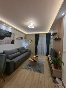 Apartman Silvija 2 Divčibare في ديفشيبار: غرفة معيشة مع أريكة وطاولة