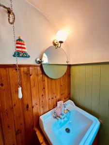 a bathroom with a blue sink and a mirror at The Limehouse Cottage in Killybegs +38 photos