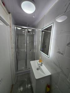 a bathroom with a shower and a sink and a mirror at SnoozeDen Chalvey - Free Parking, Near M4 J6 in Slough +24 photos