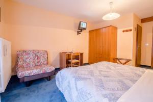 1 dormitorio con 1 cama y 1 silla en Albergo Genzianella en Rocca Pietore