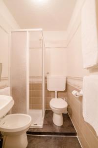 a white bathroom with a toilet and a shower at Albergo Genzianella in Rocca Pietore