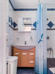 Un baño con lavabo y cortina de ducha. en Kalimera Apartments, en Kokkari