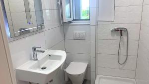 a bathroom with a sink and a toilet and a shower at Apartments and rooms by the sea Drasnice, Makarska - 22573 in Drašnice +37 photos