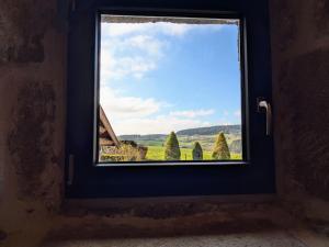 a window with a view of a field and trees at Gîte de charme en campagne, 5-8 pers., cheminée, nature, proche Pilat, activités à proximité - FR-1-582-269 in Saint-Romain-Lachalm
