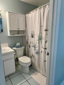 a bathroom with a toilet and a shower curtain at Dee's Dream Sunset Condo - #151 in Key West +13 photos