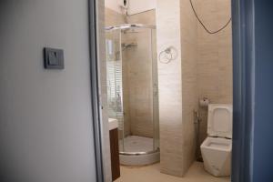 a bathroom with a shower and a toilet at Villa KN in Ambalangoda