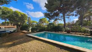 a swimming pool in a yard with trees at Villa Pinewood in Santa Margherita di Pula