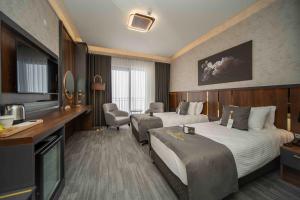 a hotel room with two beds and a television at Peony Palace Hotel in Kayseri